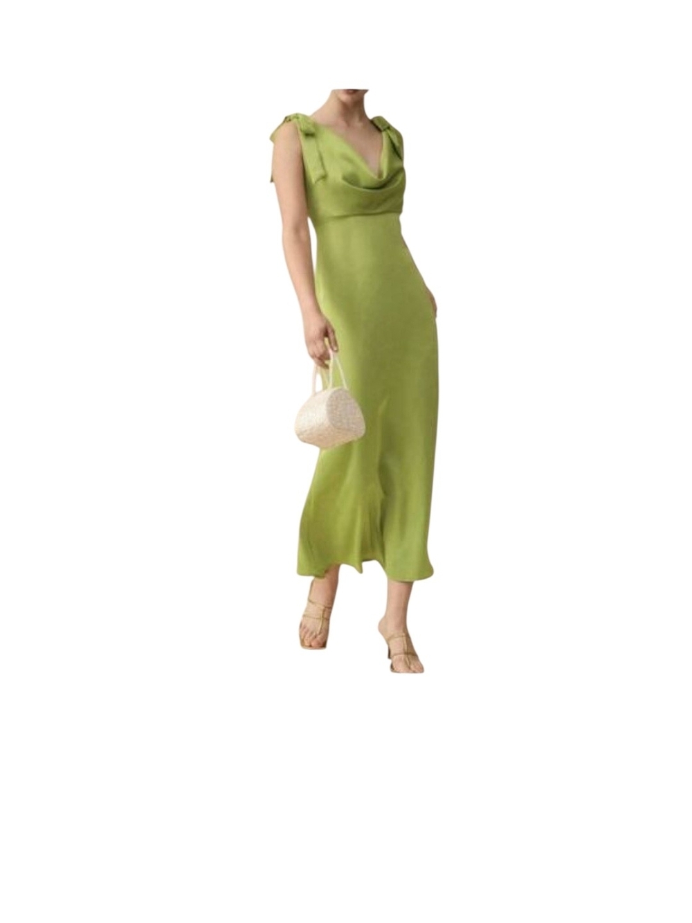RIHOAS Sage Green Satin Feel Tie Shoulder Cowl Neck Maxi Dress Size M